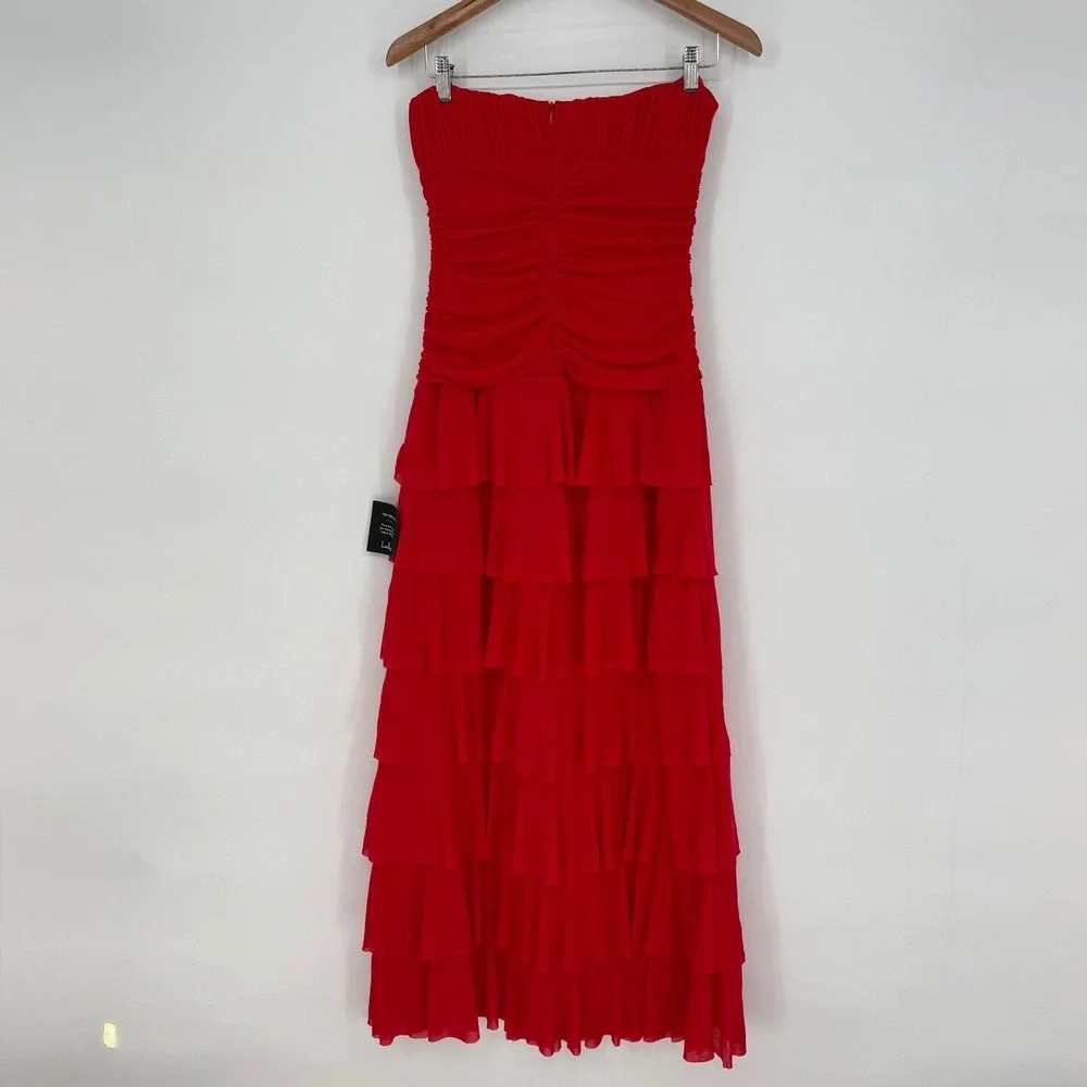Lulus Exceptional Existence Red Mesh Ruched Tiered Maxi Dress‎ - Picture 8 of 9